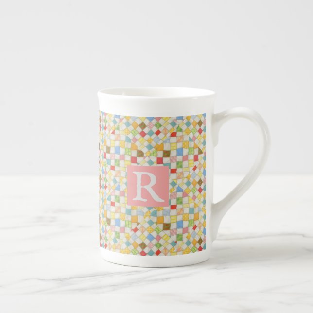 QUILT MOSAIC Bone China Mug + Text / Pink (Right)