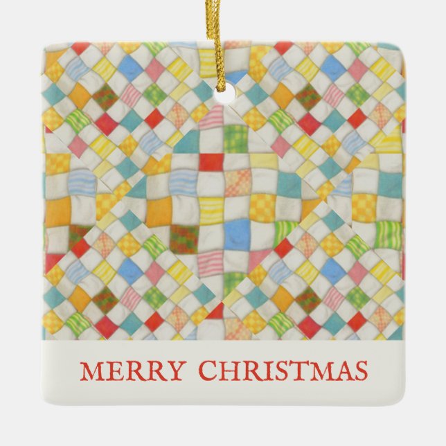 QUILT MOSAIC Ceramic Square Ornament + Text (Front)