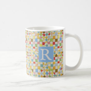 QUILT MOSAIC White Mug + Text / Blue