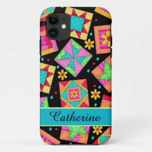 Quilt Patchwork Block Art on Black Custom Name iPhone 11 Case
