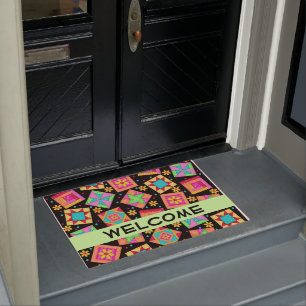 Quilt Patchwork Blocks Black Welcome Colourful Doormat