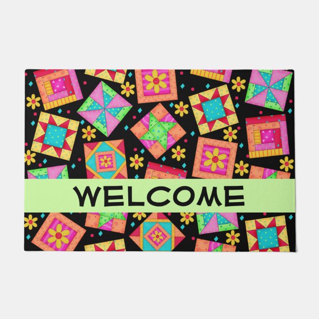 Quilt Patchwork Blocks Black Welcome Colourful Doormat (Front)