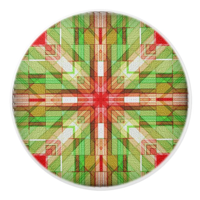 Quilt pattern ceramic knob red green (Front)