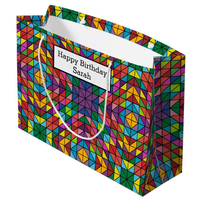 Quilt Pattern Happy Birthday Personalize Name Large Gift Bag (Back Angled)