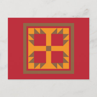 Quilt Postcard - Bear Paw Block (gold, red, brown)