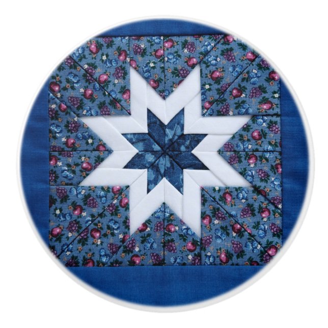 Quilt star blue ceramic knob (Front)