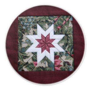 Quilt star maroon ceramic knob
