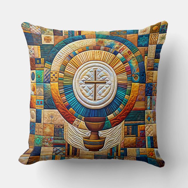 Quilt Style Communion Host & Chalice Expressionist Cushion (Front)
