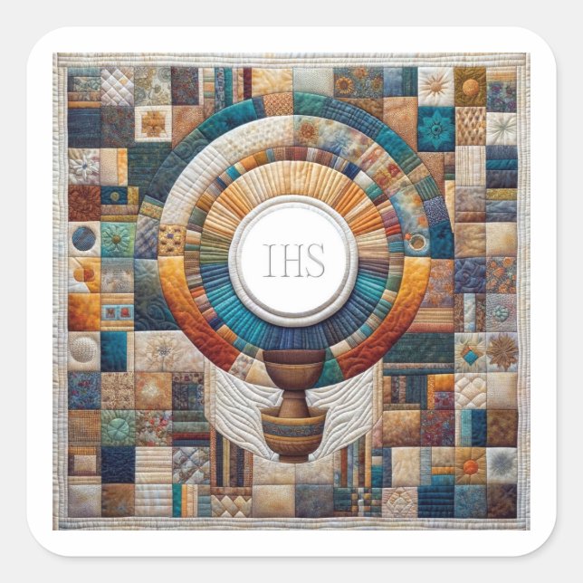 Quilt Style Eucharistic Communion Host and Chalice Square Sticker (Front)