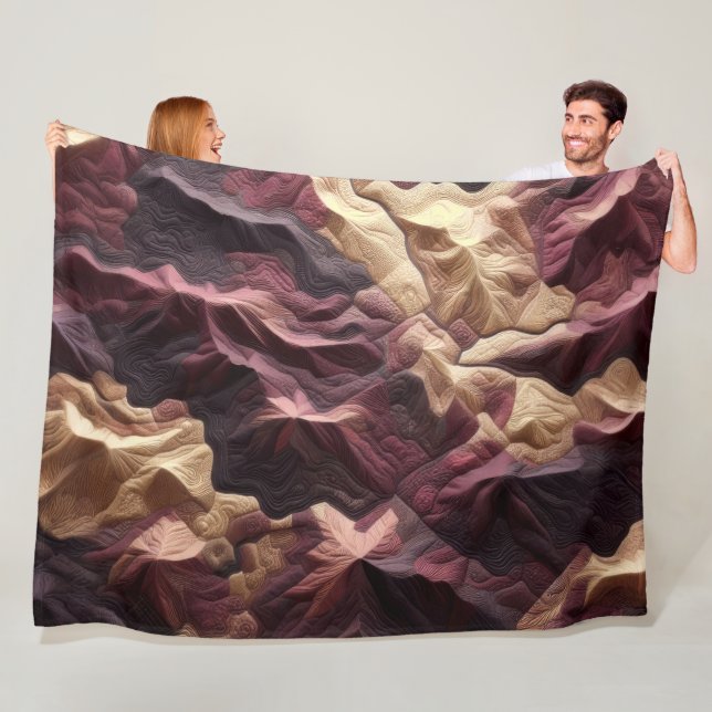 Quilted Abstract Burgundy Tan Topography Landscape Fleece Blanket (In Situ)