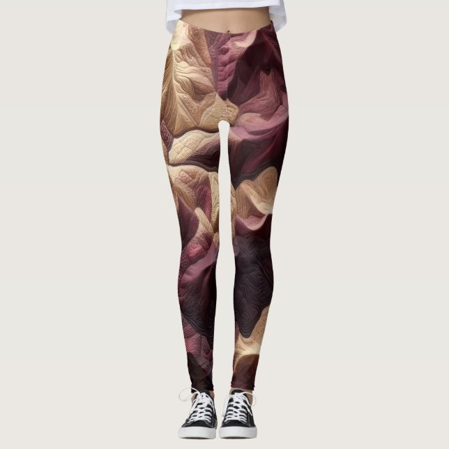 Quilted Abstract Burgundy Tan Topography Landscape Leggings (Front)