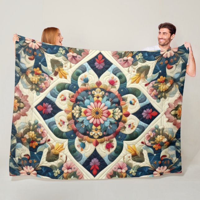 Quilted Abstract Floral Design Fleece Blanket (In Situ)