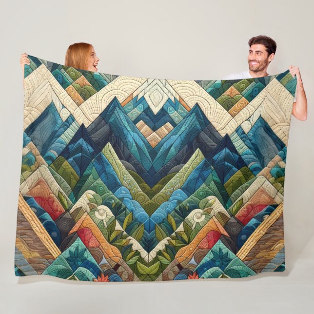 Quilted Abstract Mountain Scene Drawing Fleece Blanket (In Situ)