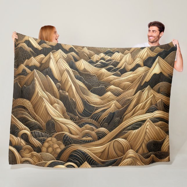 Quilted Black Gold Abstract Mountain Design Fleece Blanket (In Situ)