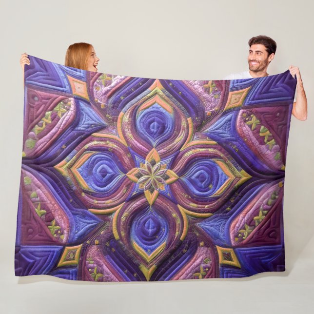 Quilted Blue and Plum Abstract Design Fleece Blanket (In Situ)