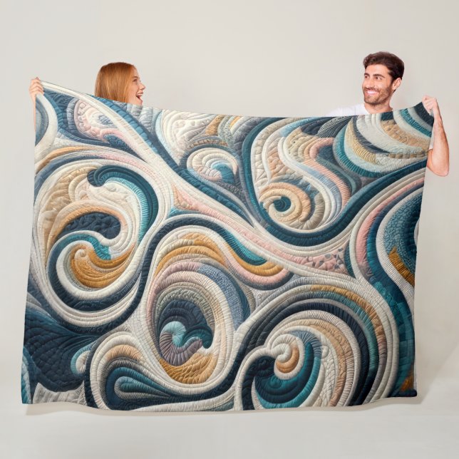 Quilted Blue Gold Abstract Design Fleece Blanket (In Situ)