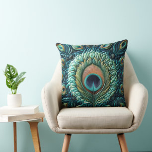 Quilted Blue Peacock Feathers Design Cushion