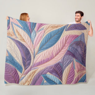 Quilted Blue Purple Pink Leaves Design Fleece Blanket