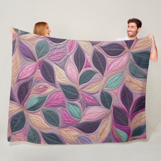 Quilted Blue Purple Pink Leaves Design Fleece Blanket (In Situ)