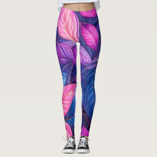Quilted Blue Purple Pink Leaves Design Leggings