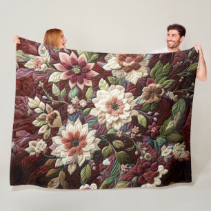 Quilted Burgundy Floral Design Fleece Blanket