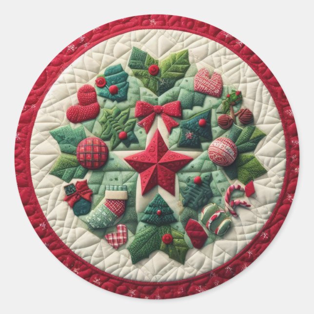 Quilted Christmas Design Classic Round Sticker (Front)