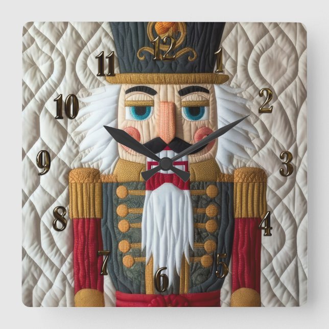 Quilted Christmas Nutcracker Square Wall Clock (Front)