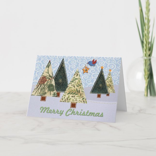 Quilted Christmas Trees and Blue Bird Holiday Card (Front)