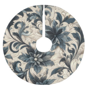Quilted Cream and Navy Blue Floral Design Brushed Polyester Tree Skirt