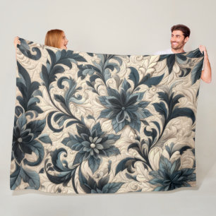 Quilted Cream and Navy Blue Floral Design Fleece Blanket