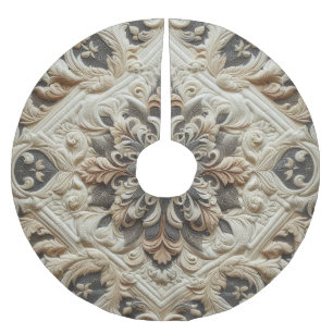 Quilted Cream Grey Ornate Arabesque Brushed Polyester Tree Skirt