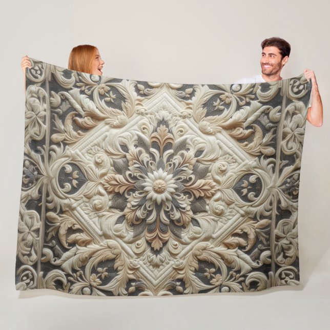 Quilted Cream Grey Ornate Arabesque Fleece Blanket (In Situ)