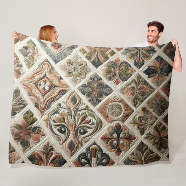Quilted Design in Copper Green Grey Fleece Blanket (In Situ)
