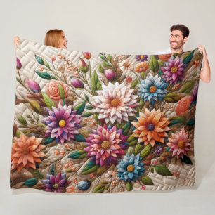 Quilted Design of Flowers Fleece Blanket