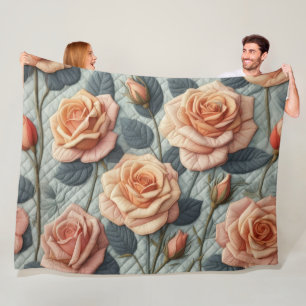 Quilted Design of Pink Peach Roses on Grey Fleece Blanket