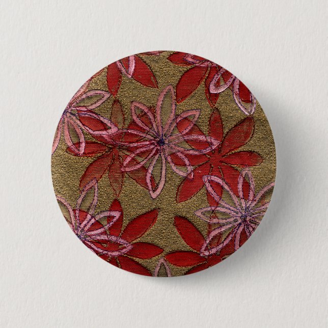 Quilted Flowers - Hand Carved Block - Red Pink 6 Cm Round Badge (Front)