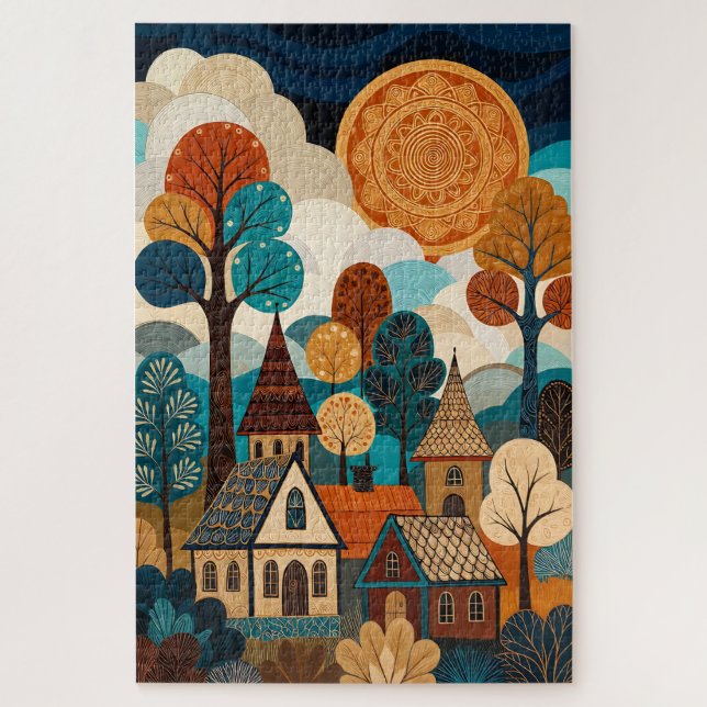 Quilted Folk Art Village - Patchwork Sun & Trees L Jigsaw Puzzle (Vertical)