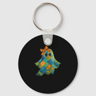 Quilted Ghost With Orange Bow Halloween Design Key Ring