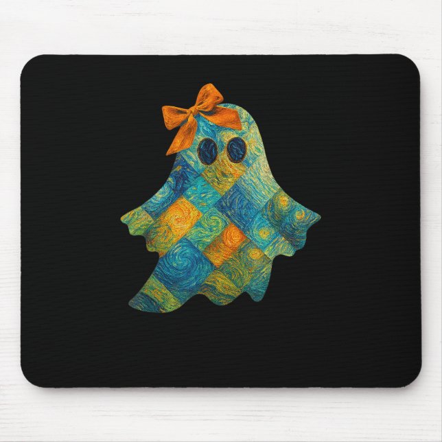 Quilted Ghost With Orange Bow Halloween Design  Mouse Mat (Front)