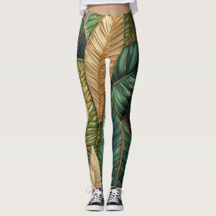 Quilted Gold Green Tropical Leaves Design Leggings