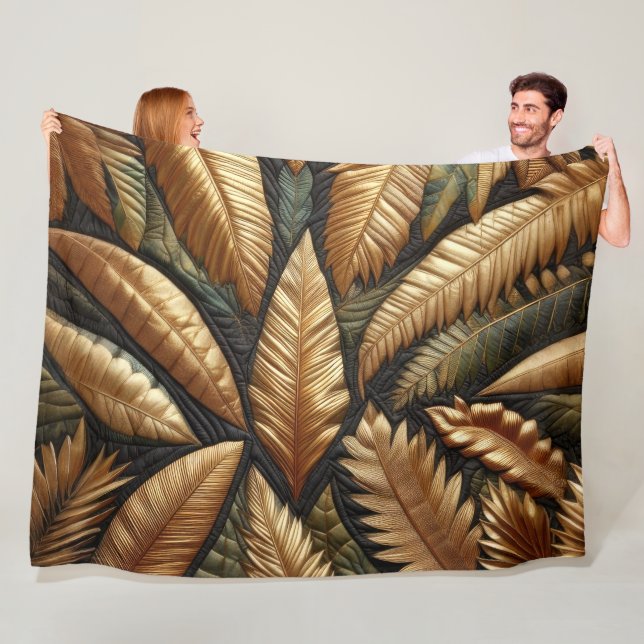 Quilted Gold Tropical Leaves Design Fleece Blanket (In Situ)
