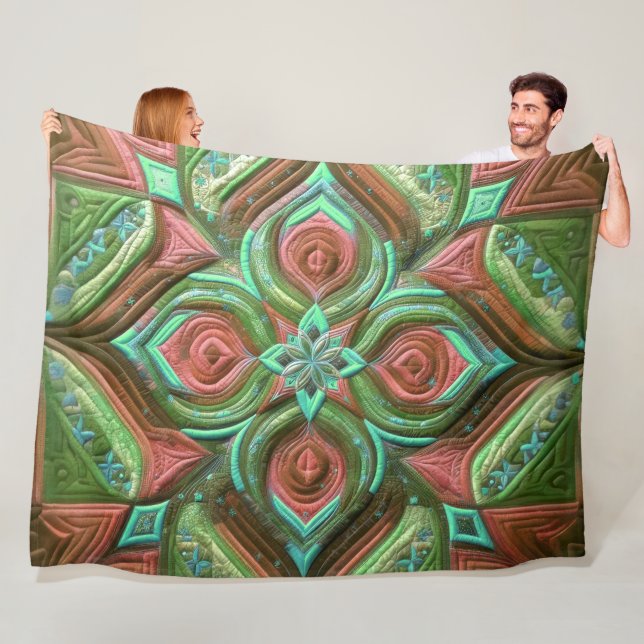Quilted Green and Rose  Abstract Design Fleece Blanket (In Situ)
