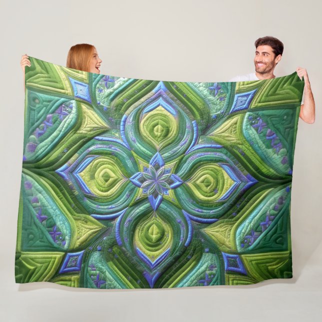 Quilted Green Blue Abstract Design Fleece Blanket (In Situ)