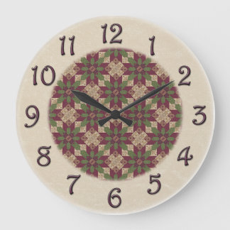 Quilted Green Burgundy Star Large Clock