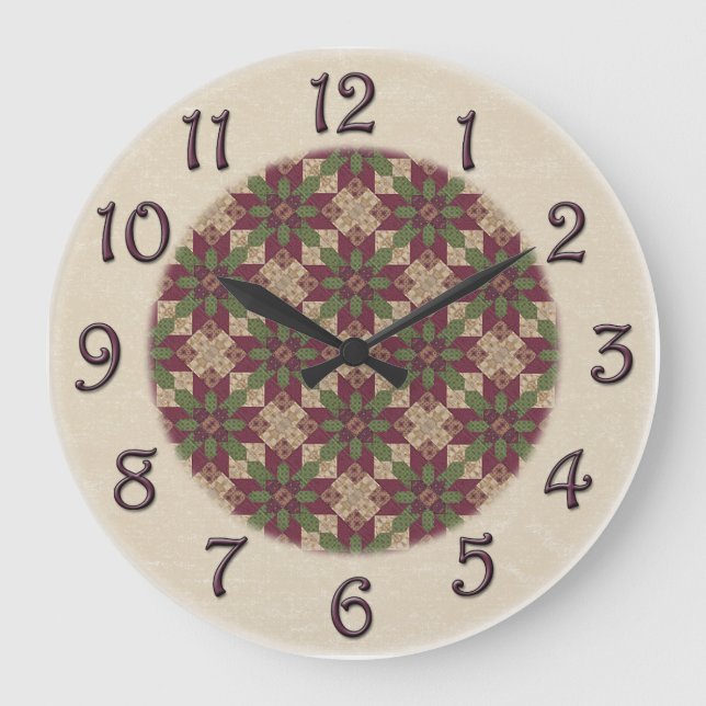 Quilted Green Burgundy Star Large Clock (Front)