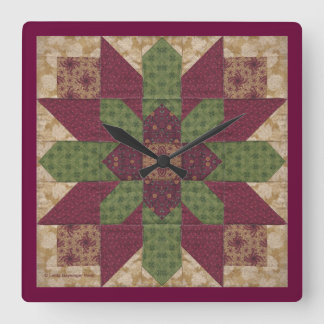 Quilted Green Burgundy Star Square Wall Clock