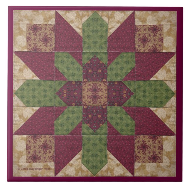 Quilted Green Burgundy Star Tile (Front)