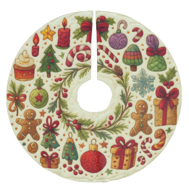 Quilted Look Christmas Motifs Brushed Polyester Tree Skirt (Front)