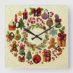 Quilted Look Christmas Motifs Square Wall Clock