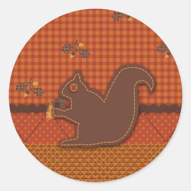 Quilted-look Squirrel for Thanksgiving Classic Round Sticker (Front)
